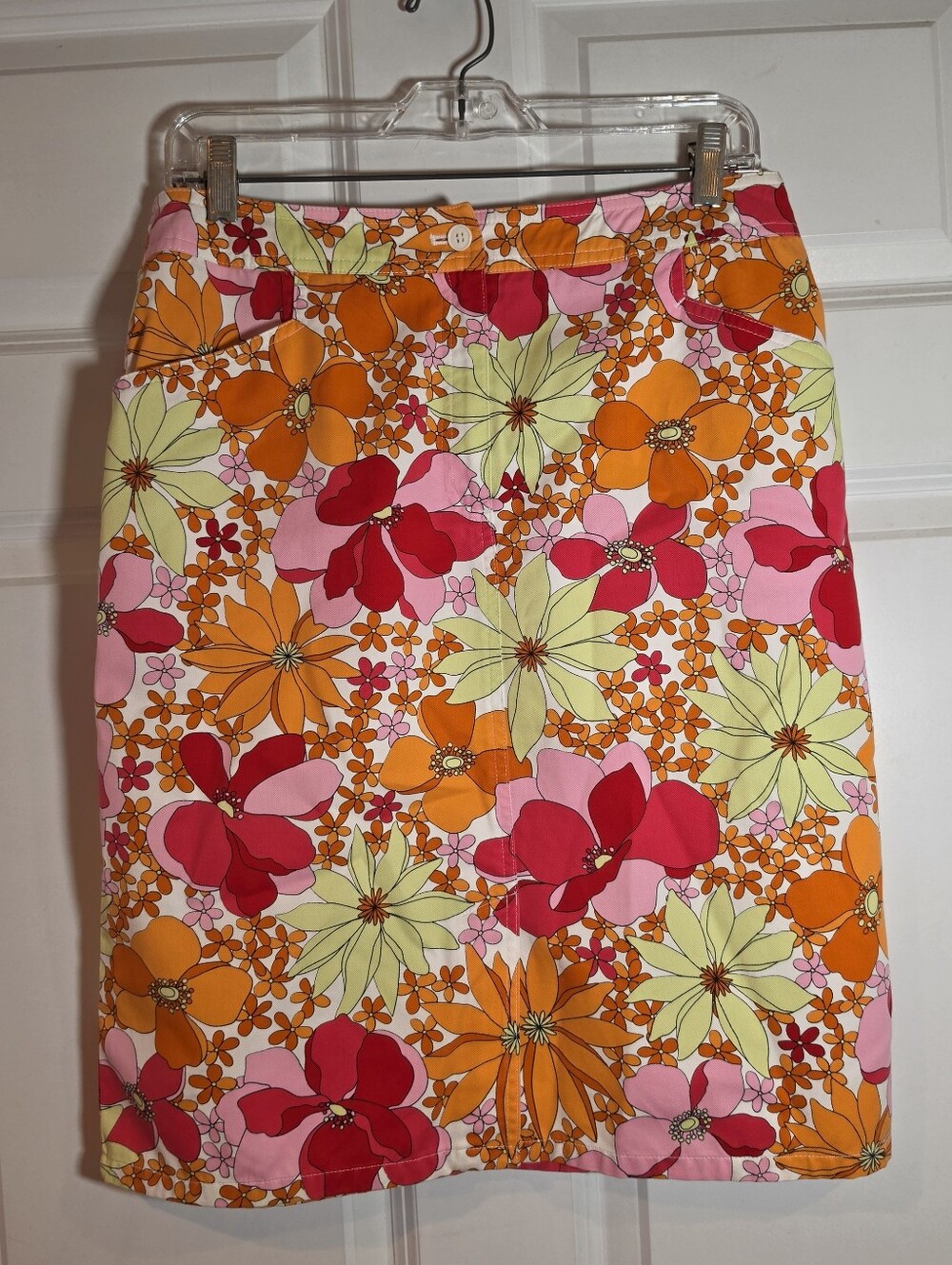 Talbots Floral Print Cotton Blend Knee Length Skirt in Pink, Orange & Yellow